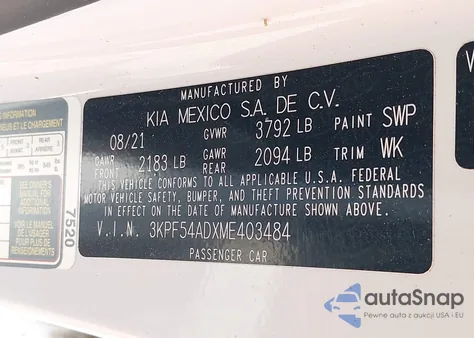 2021 Kia Forte Ex z USA, uszkodzony, nr VIN 3KPF54ADXME403484